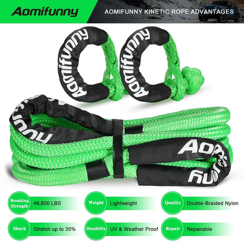 Aomifunny طقم حبل سحب كينتيك للاسترداد 1" x30 قدم، قوة كسر 48,800 رطل، 35% مرونة، مع 2 حلقات ناعمة، حزام سحب ثقيل للاستخدام في الطرق الوعرة لسيارات جيب، SUV، شاحنات، ATV، UTV، جرار ومركبات 4x4 - Image 2